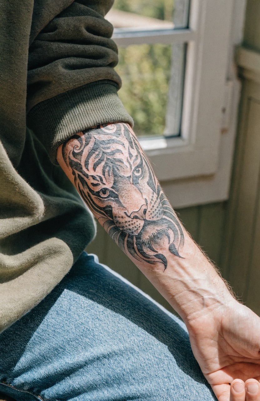 Realistic black and grey tiger head tattoo wrapping around outer forearm with detailed shading on stripes and whiskers