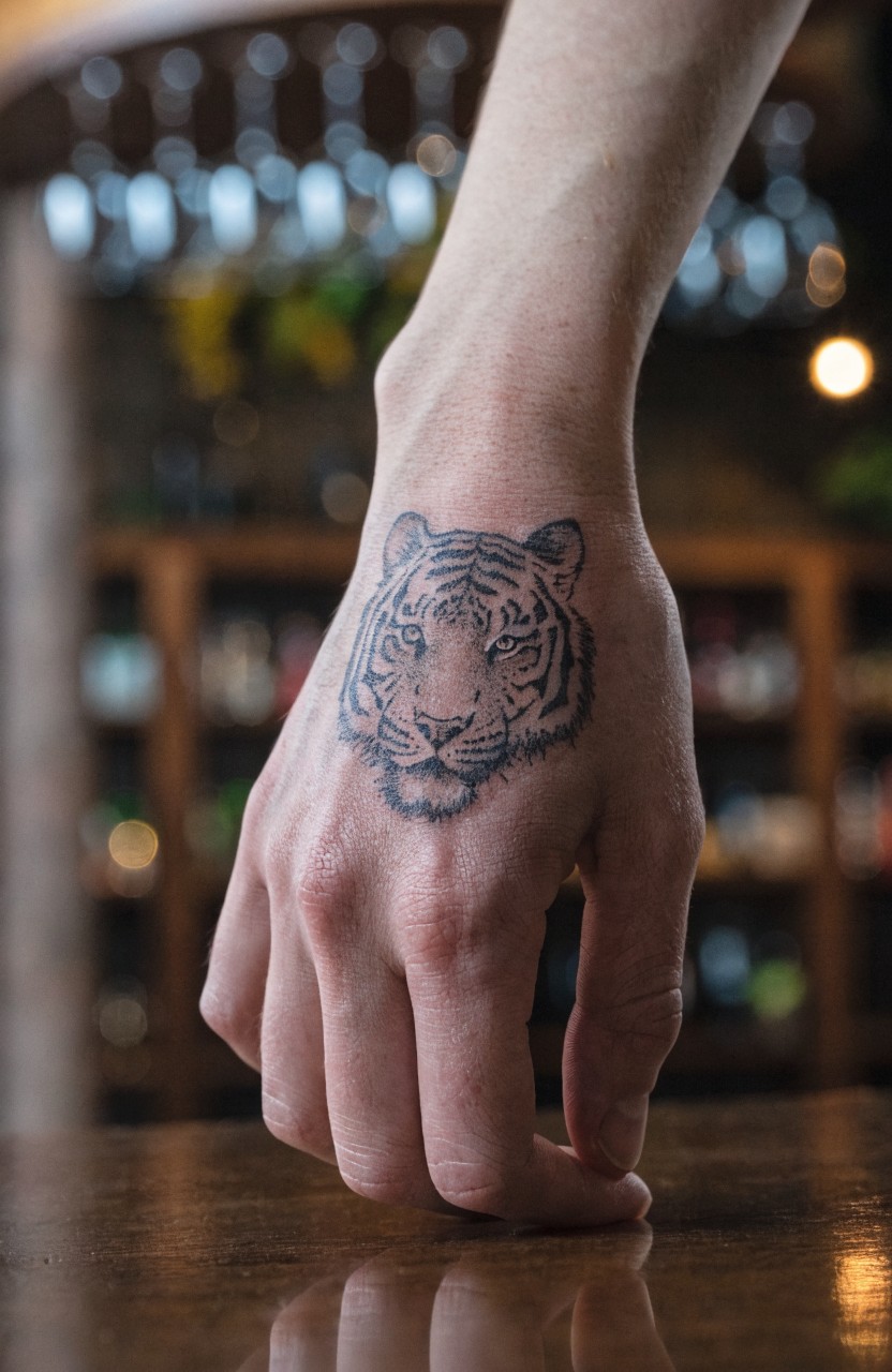 Black linework tiger head tattoo on the back of a hand shown in a dimly lit bar with wine glasses in the background