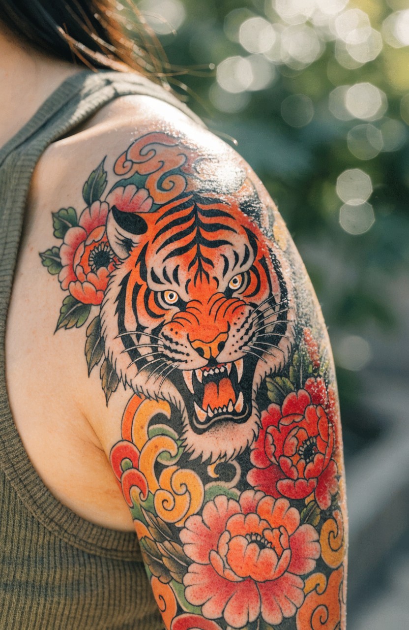 Woman's shoulder tattoo of snarling orange tiger head framed by red peonies and swirling clouds in vibrant Japanese style
