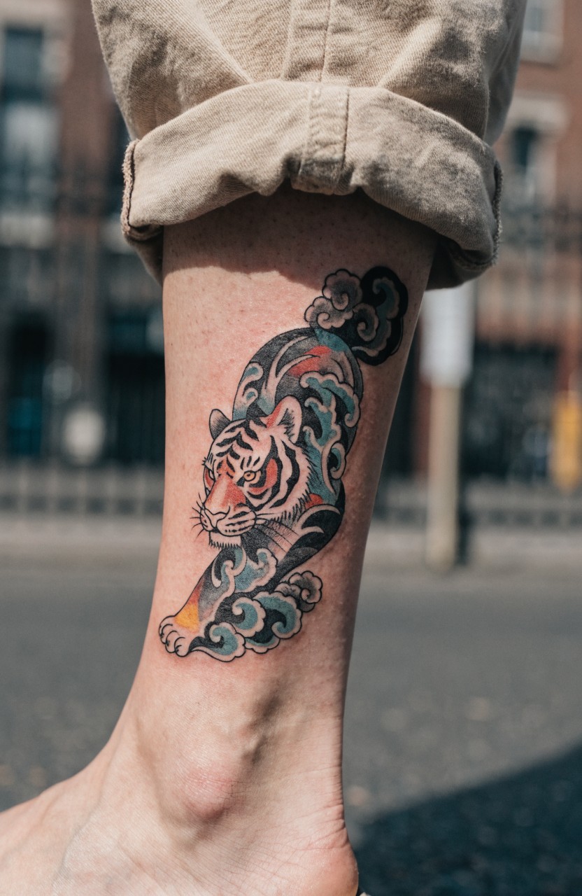 Colorful Japanese-style tiger tattoo wrapping around a lower leg from ankle to calf with waves and clouds