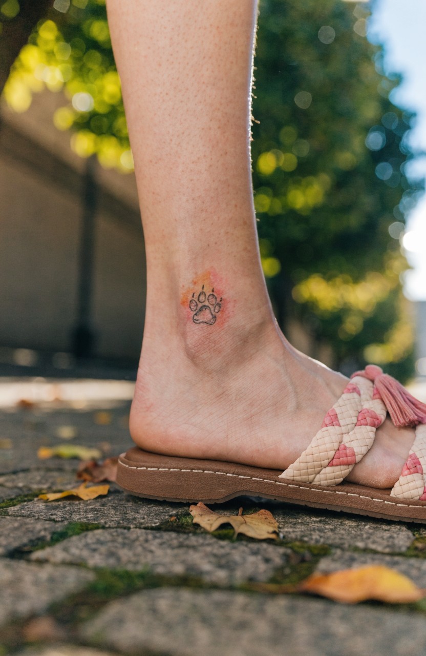 Small tiger paw print tattoo with orange flames on a woman's ankle near pink woven sandals on a cobblestone path with fall leaves
