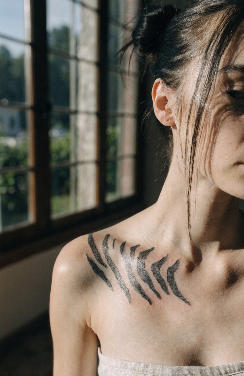 Black linework tiger stripes tattoo curving over a woman's shoulder and collarbone