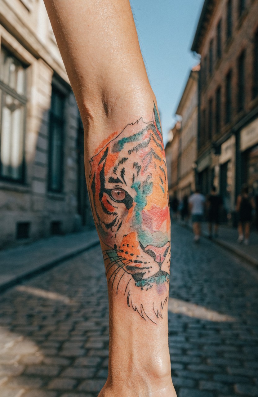 Vibrant watercolor tiger face tattoo on inner forearm with blended pink orange and blue hues in a painterly style