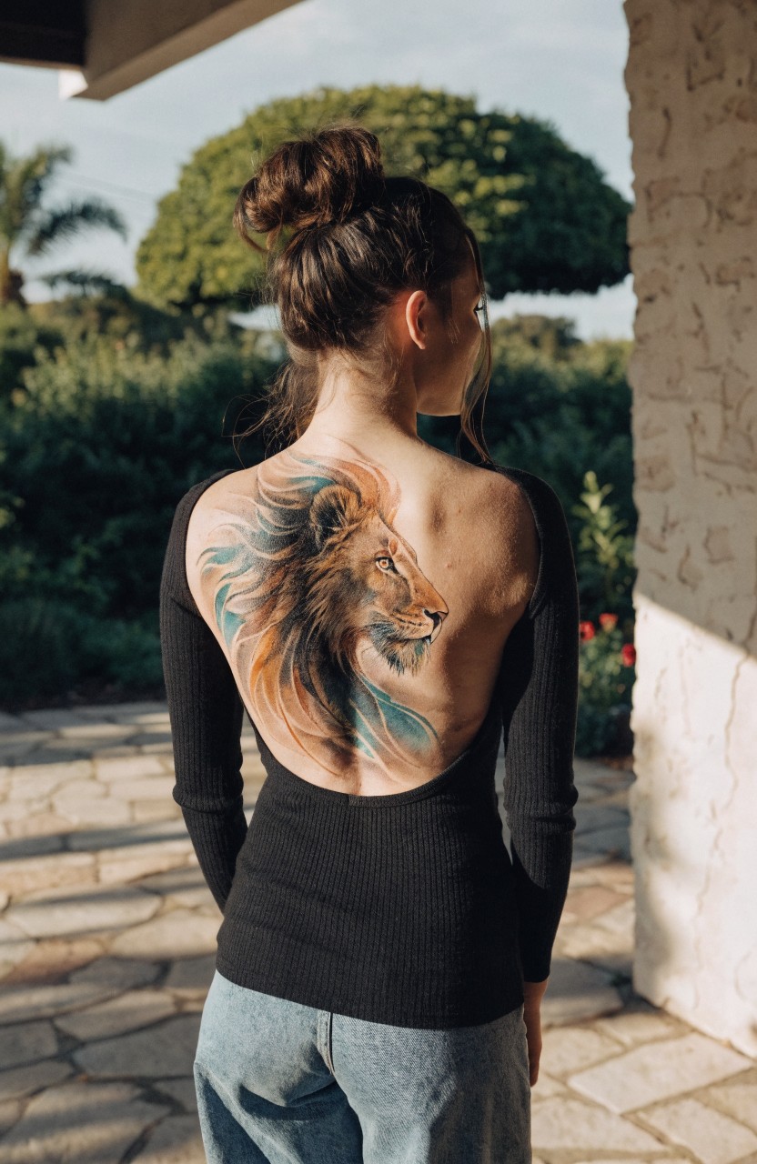 Large watercolor lion tattoo in blues and oranges across a woman's upper back, viewed from behind outdoors