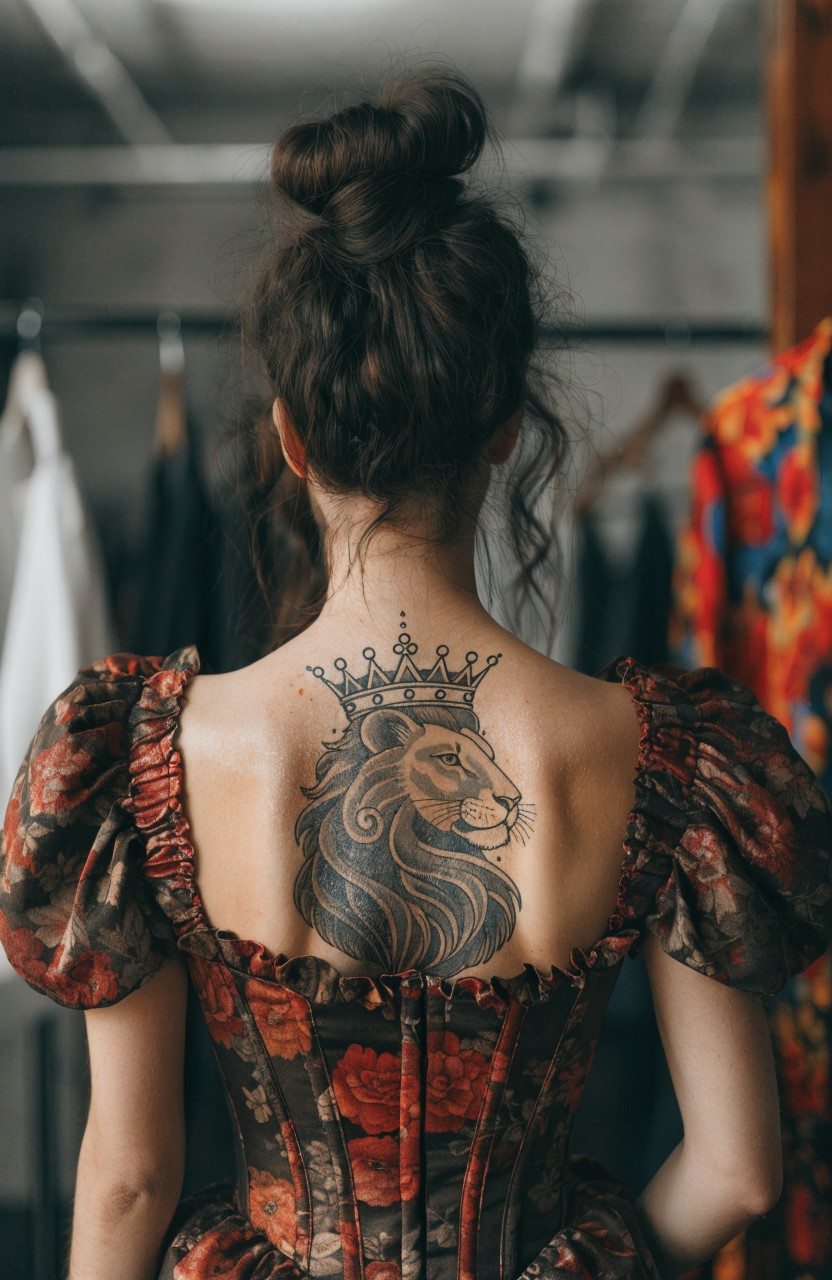 Black ink lion tattoo with crown on woman's upper back, viewed from behind while wearing a red corseted dress in a closet