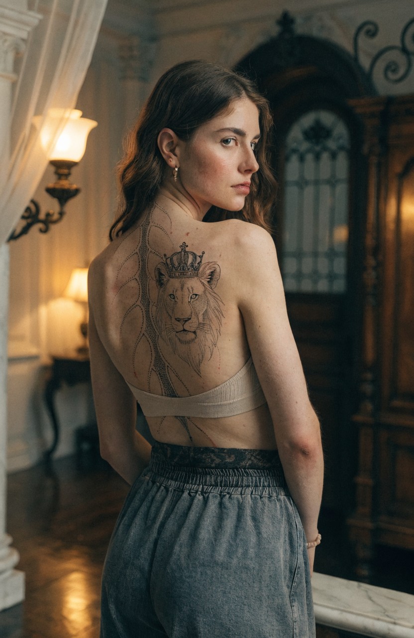 Woman viewed from behind showing large black ink crowned lion tattoo across upper back with flowing mane, wearing beige bra and jeans in ornate room