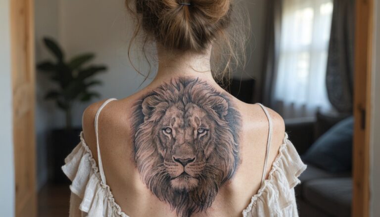 20 Powerful Lion Back Tattoo Designs for Women With Majestic Presence Woman from behind with large realistic black and gray lion head tattoo centered on upper back between shoulders