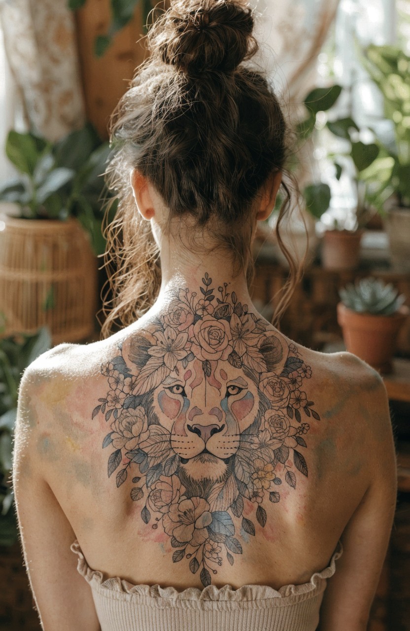 Woman's upper back tattoo of a detailed lion head surrounded by roses and flowers in fine line black ink with shading
