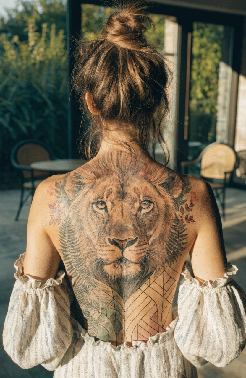 Woman's back tattoo of a detailed lion head with wings, flowers, and geometric patterns in realistic style, viewed from behind in an outdoor setting
