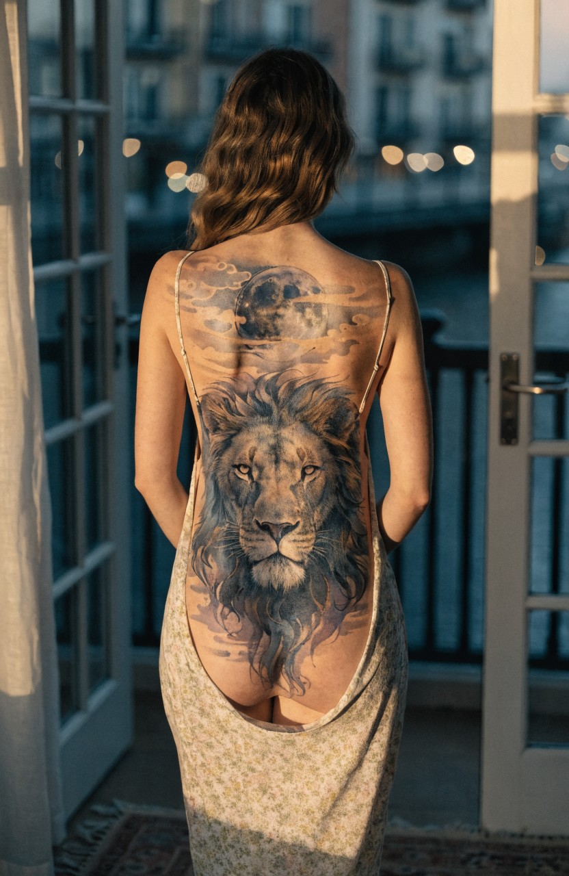 Woman standing on balcony in sheer yellow dress revealing large realistic black and grey lion tattoo covering her full back with skull and moon above the mane