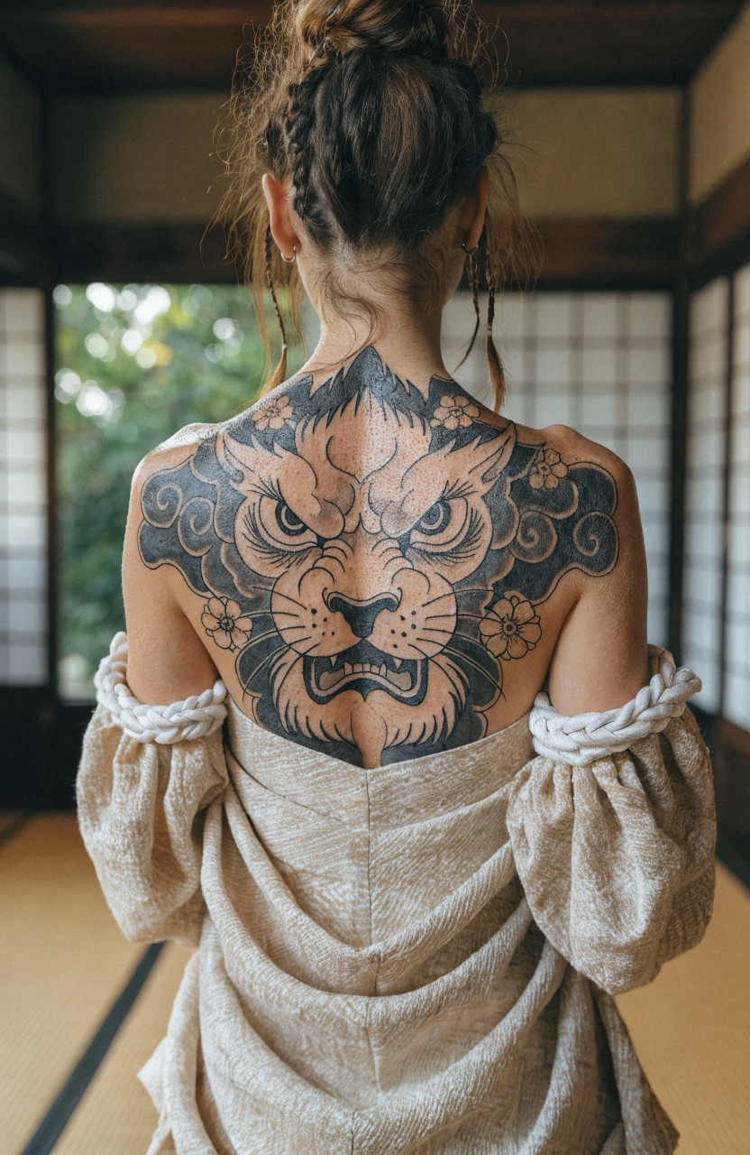 Black ink Japanese style snarling lion tattoo across a woman's upper back with swirling clouds and shoulder flowers