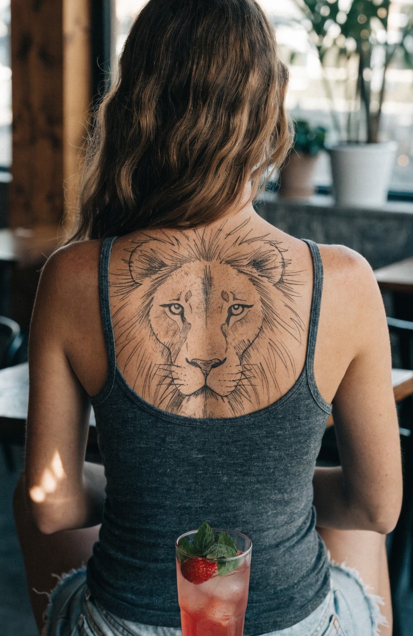 Black ink lion head tattoo centered on a woman's upper back with flowing mane lines