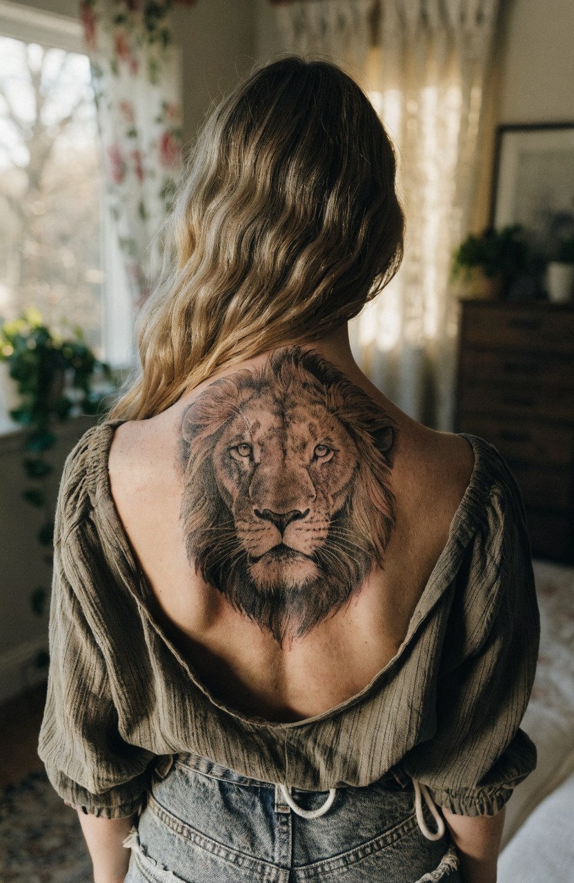 Woman from behind with large realistic black and gray lion head tattoo centered on upper back between shoulders