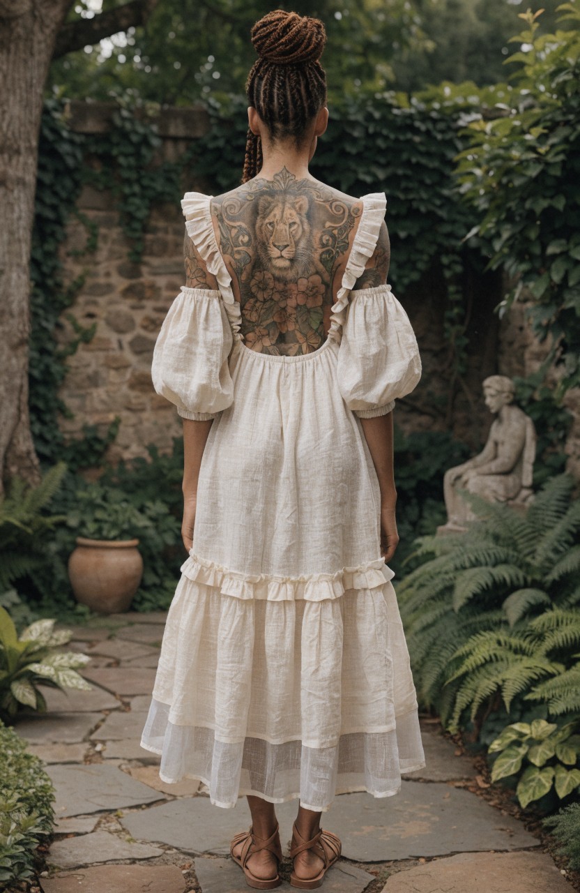 Woman standing in garden wearing sheer white dress that reveals large realistic black and grey lion tattoo covering her full back