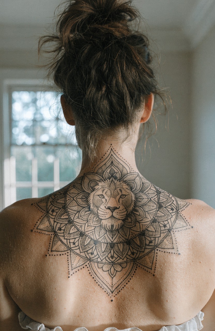 Black ink mandala tattoo with lion head at center across a woman's upper back and shoulders