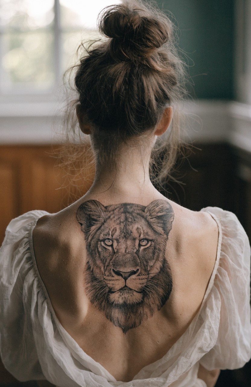 Woman viewed from behind with large realistic black and gray lioness head tattoo spanning her upper back and shoulders, sheer white off-shoulder top, messy bun hairstyle, indoor setting with window light