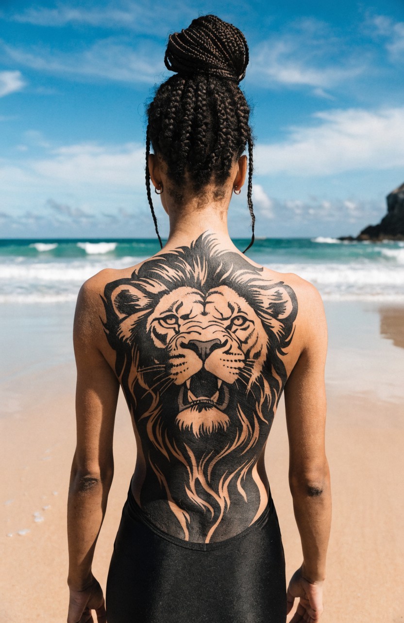 Woman with long braids stands on beach facing ocean with large black and grey lion tattoo covering her back including flame shaded mane