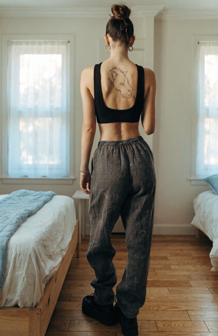 Woman viewed from behind showing large minimalist black linework shark tattoo across upper back, in black tank top and gray pants in bedroom setting
