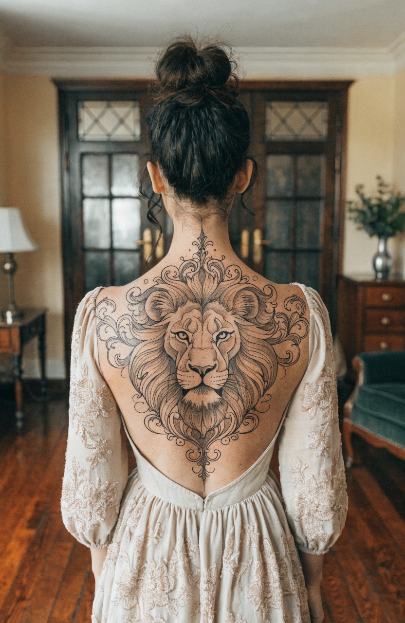 Woman in backless white dress showing large black ink lion head tattoo with symmetrical ornate patterns across upper back