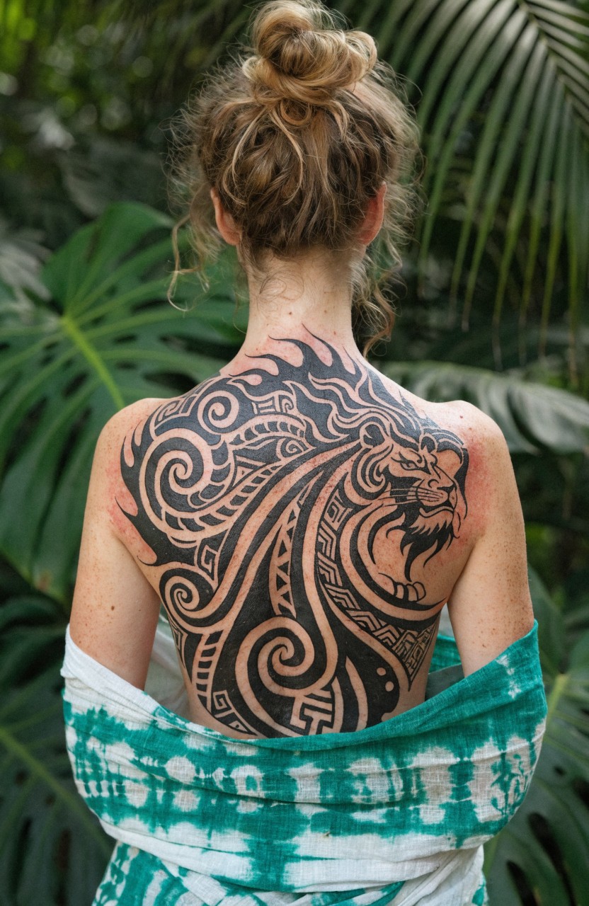 Woman's upper back tattooed with a large black tribal lion head and geometric mane patterns, set against green jungle leaves