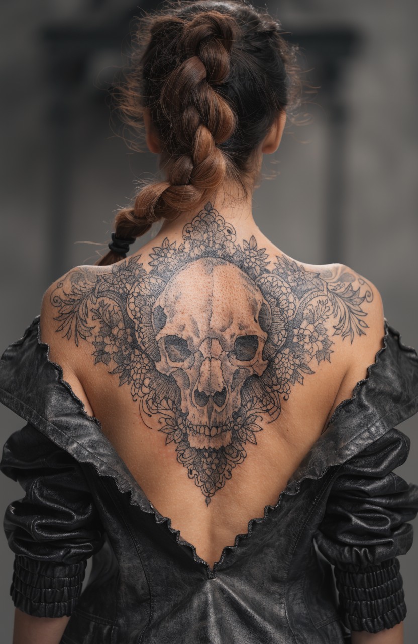 Black ink skull tattoo with intricate floral and lace patterns covering a woman's upper back and shoulders
