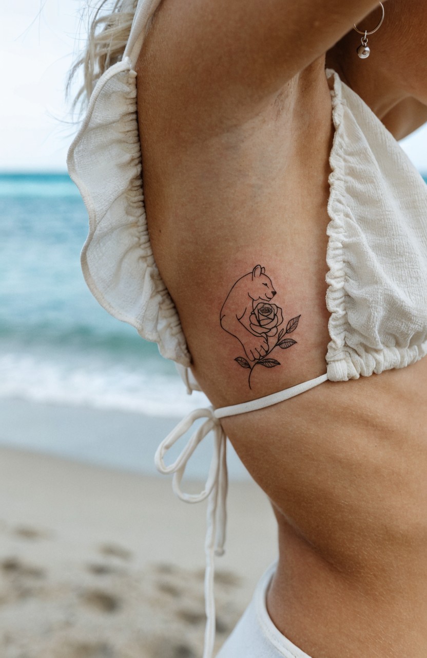 Minimalist line art tattoo of a bear silhouette with a rose on a woman's side body under her arm, shown at the beach