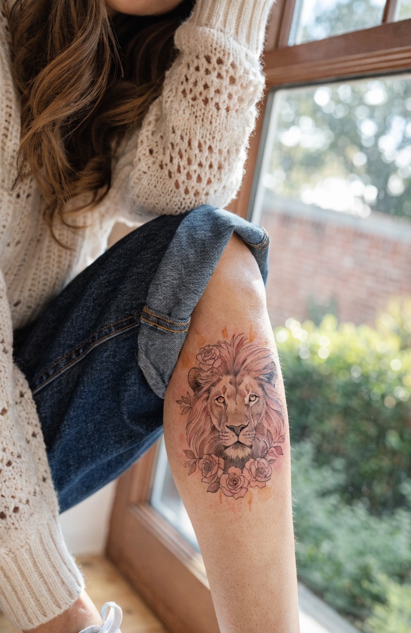 Woman's thigh tattoo of a realistic lion head surrounded by pink roses, viewed from above near a window