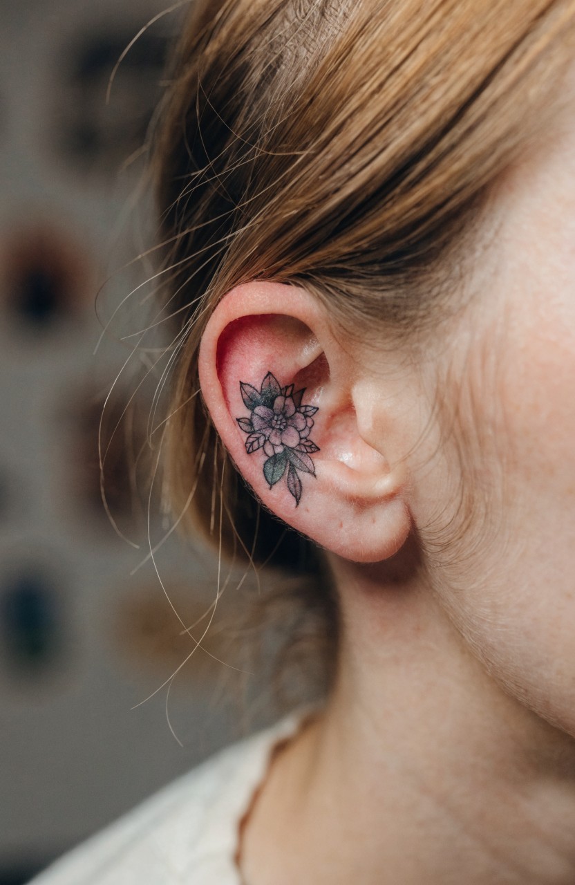 Delicate grayscale flower tattoo inside a woman's ear concha, featuring thin linework on petals and leaves with subtle shading