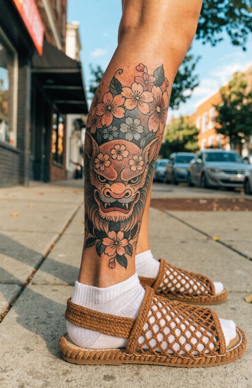 Colorful Hannya mask tattoo surrounded by pink cherry blossoms on a person's lower leg, shown outdoors with white socks and tan woven sandals