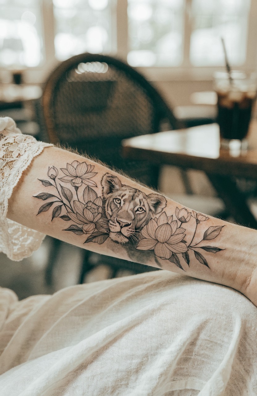 Fine line black ink tattoo of lion head surrounded by flowers on woman's forearm