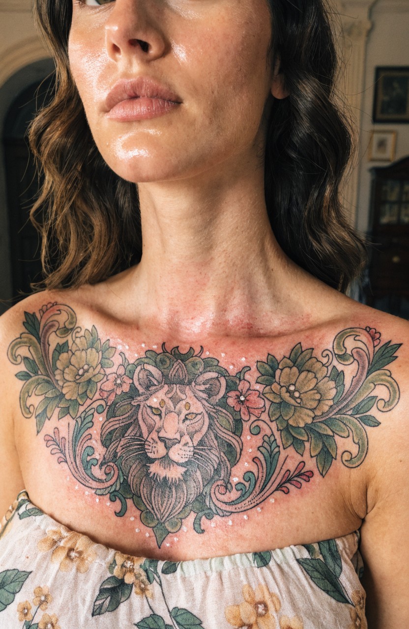 Woman's upper chest tattooed with a detailed lion head at center surrounded by pink and green flowers and ornate vines in neoclassical style
