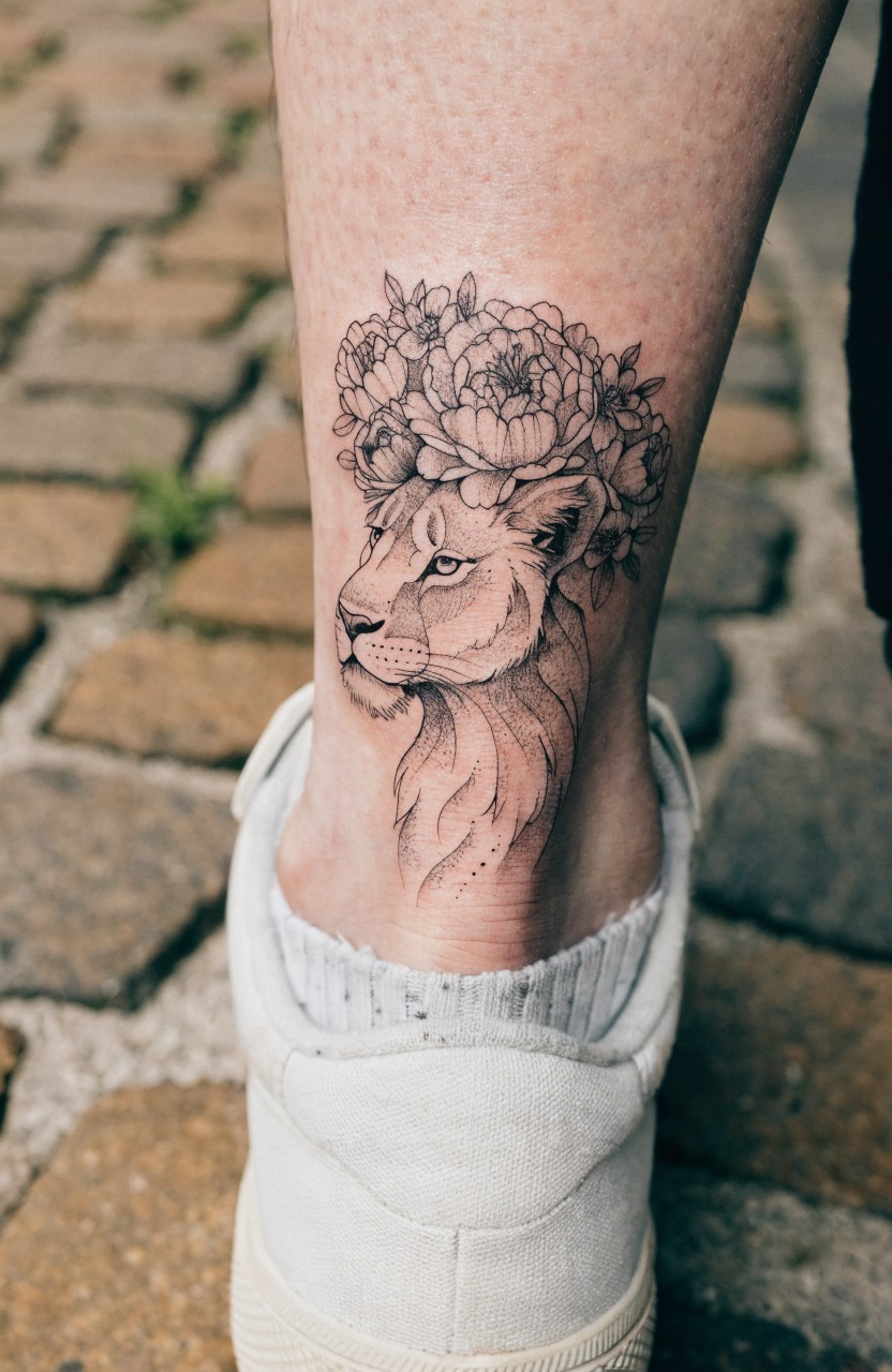 Black linework tattoo of lioness head crowned with peonies on ankle bone, shown on leg with white sneakers pulled up over socks on cobblestone path