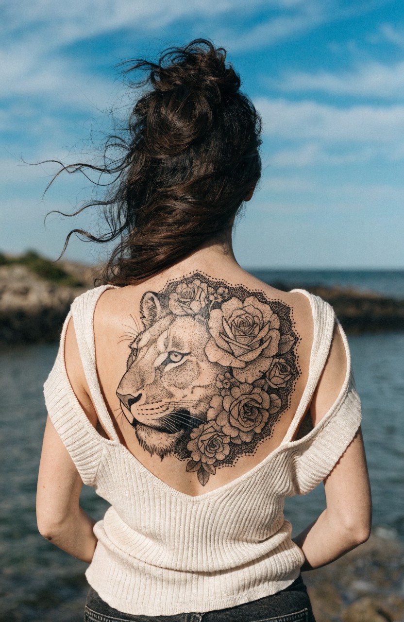 Woman standing seaside in off-shoulder top revealing large black and grey lion head tattoo encircled by detailed roses on upper back