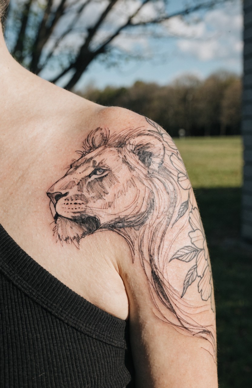 Fine line black ink tattoo of a lion head profile on a woman's shoulder, mane blending into blooming flowers, outdoor setting