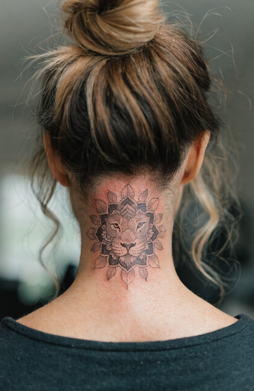 Black linework tattoo of a lion face inside a mandala with floral elements on the back of a woman's neck