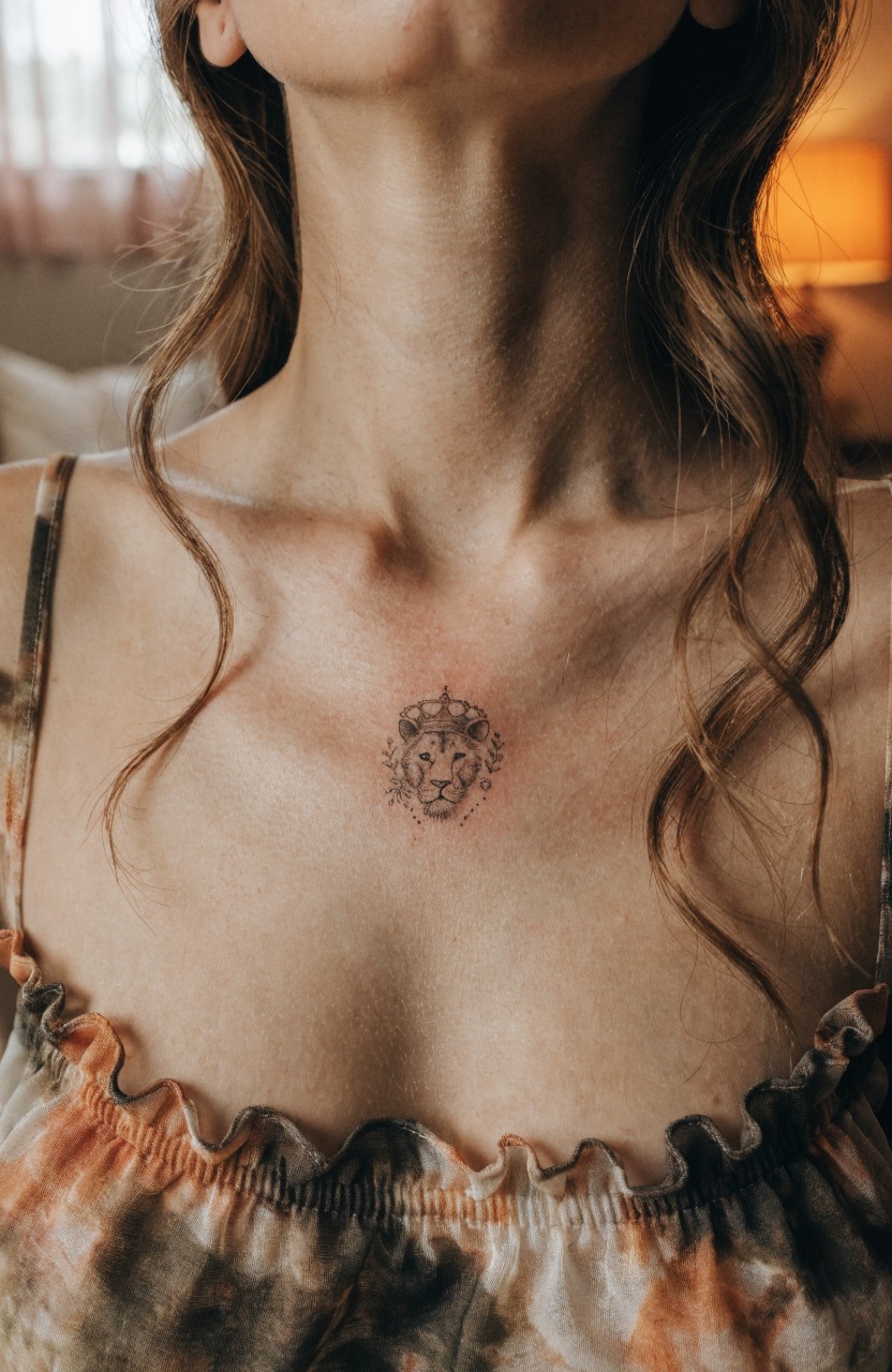 Small black ink tattoo of a crowned lion head on a woman's chest sternum with delicate linework and light shading