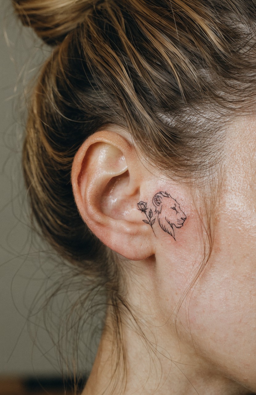 Small fine-line tattoo of a lion head with rose behind a woman's ear on light skin