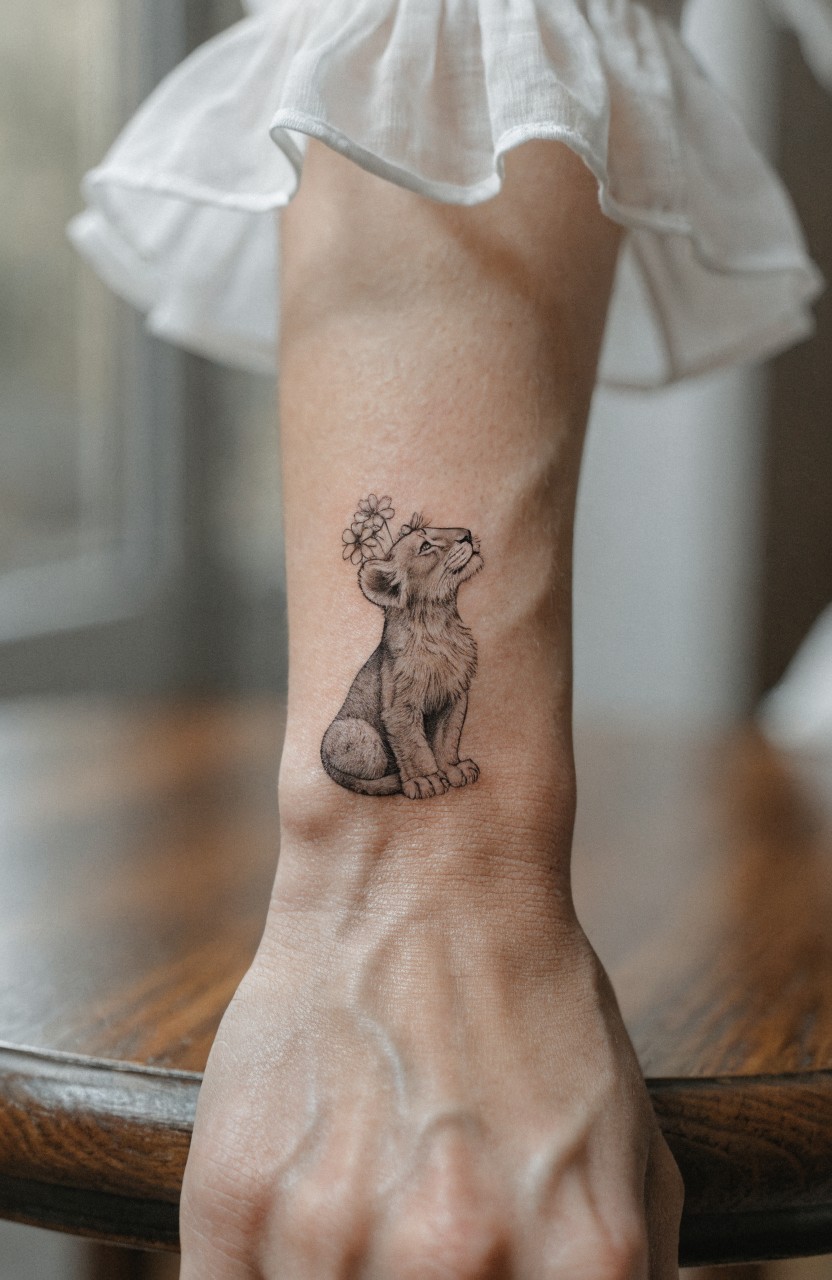 Black ink fine line tattoo of a lion cub looking up with a daisy behind its ear on inner forearm