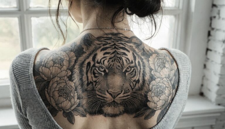 21 Gorgeous Tiger and Flower Tattoo Designs You Will Love Instantly Large realistic black and gray tiger head tattoo with peony flowers across a woman's upper back, shown from behind in a low-back top