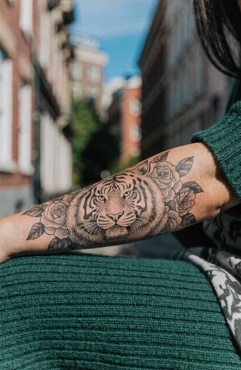 Woman's forearm tattoo of a realistic black and grey tiger head surrounded by detailed roses, shown outdoors near brick buildings