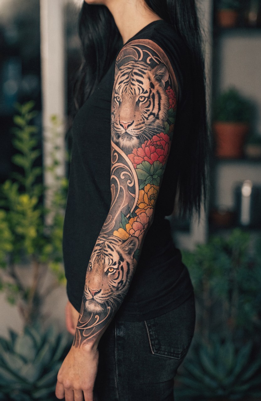 Woman modeling full left arm sleeve tattoo of two shaded tigers facing each other amid vibrant peony and chrysanthemum flowers with swirling clouds