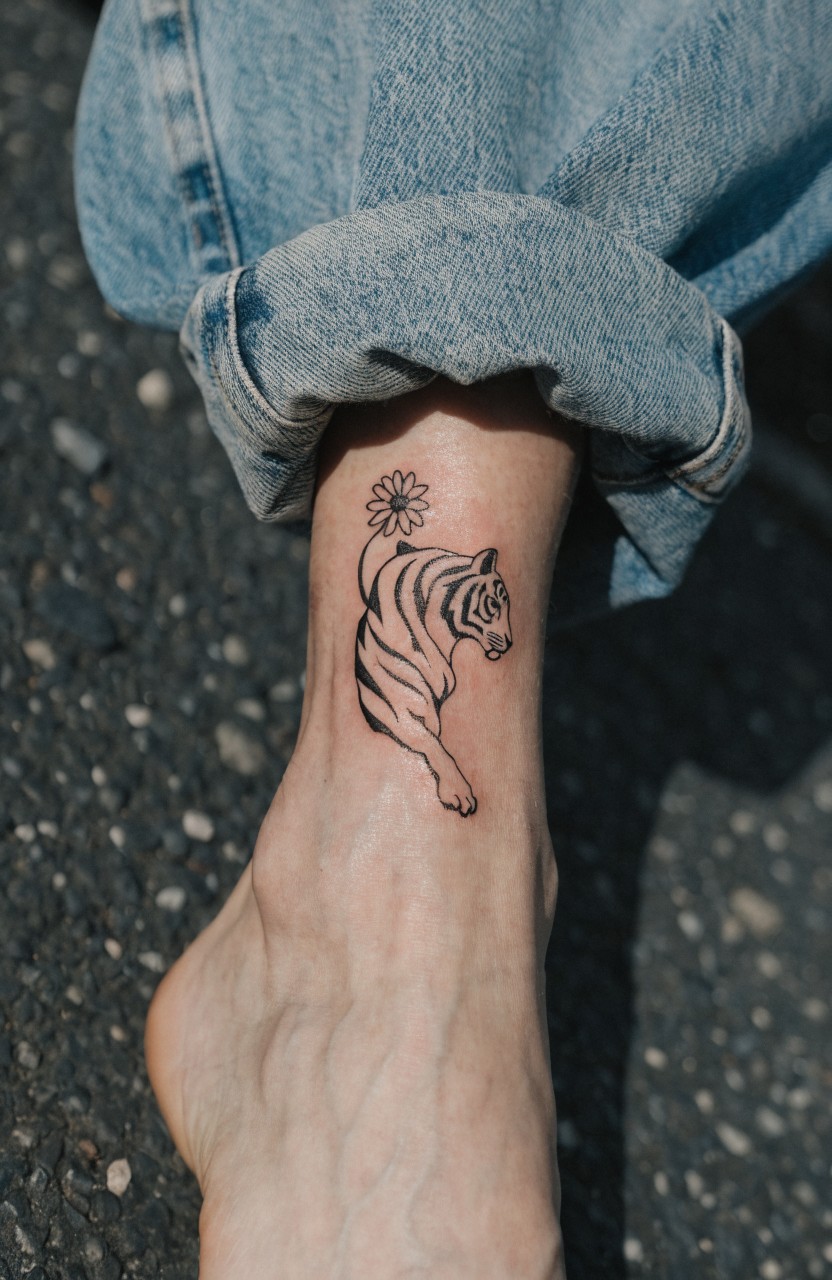 Black linework tiger with daisy flower tattoo curving around the ankle on a bare foot