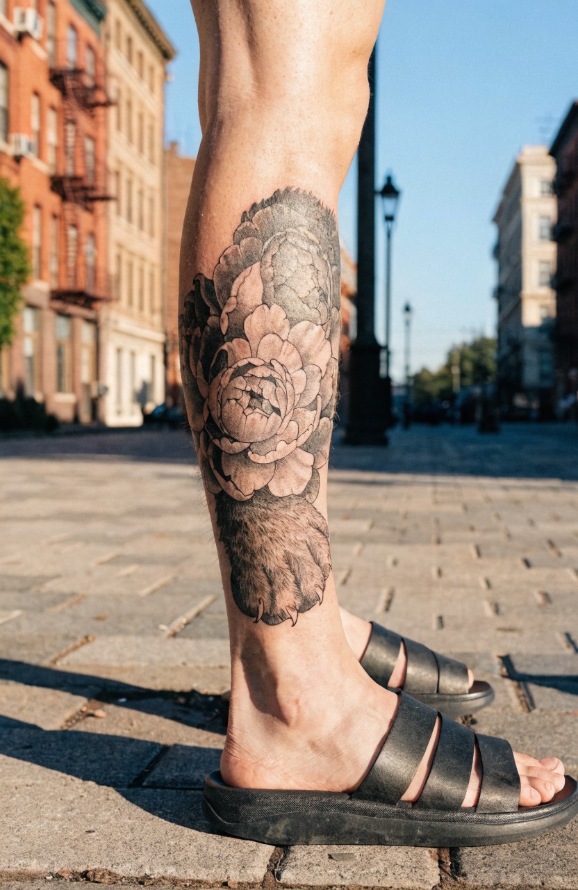 Closeup of a detailed black and gray peony flower tattoo covering a man's calf, shown outdoors on a city street with sandals on feet