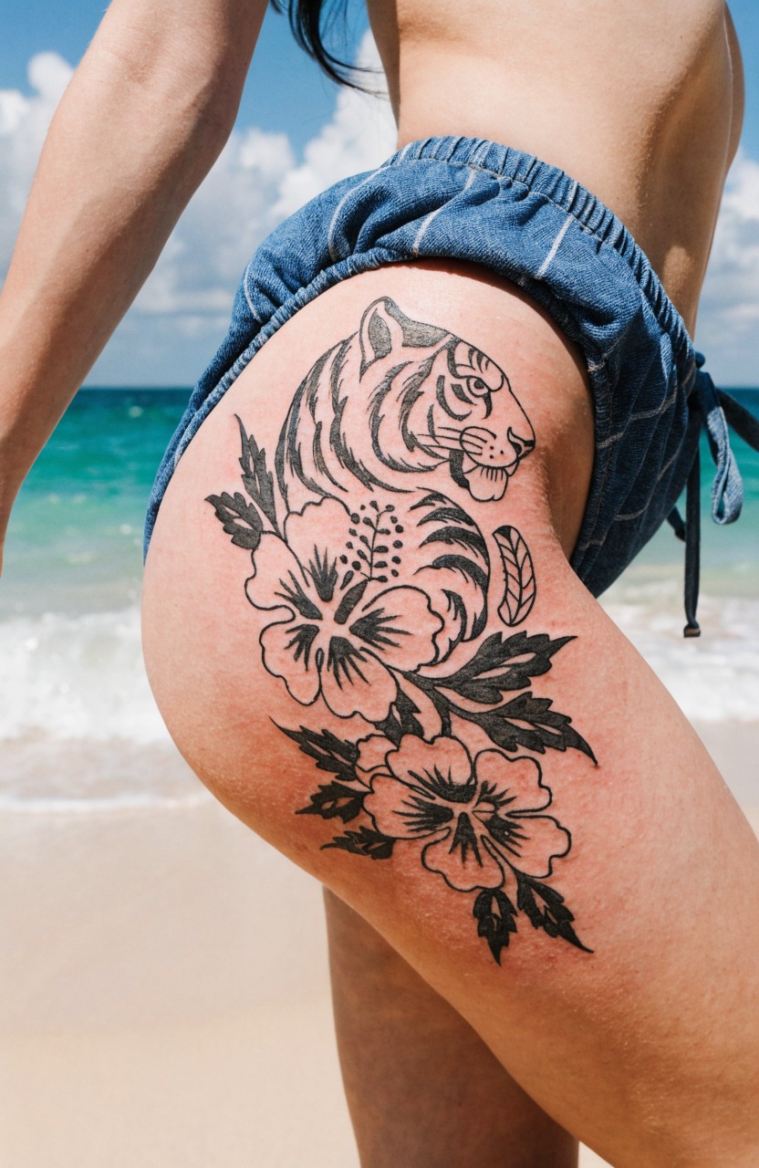 Black linework tiger head with hibiscus flowers and leaves tattoo curving over a woman's hip and upper thigh on a sunny beach