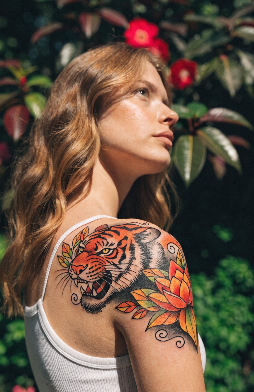 Woman's shoulder tattoo of a snarling orange tiger head with a red lotus flower and leaves in colorful neo-traditional style