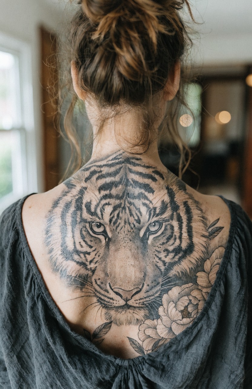 Large realistic black and gray tiger head tattoo with peony flowers across a woman's upper back, shown from behind in a low-back top