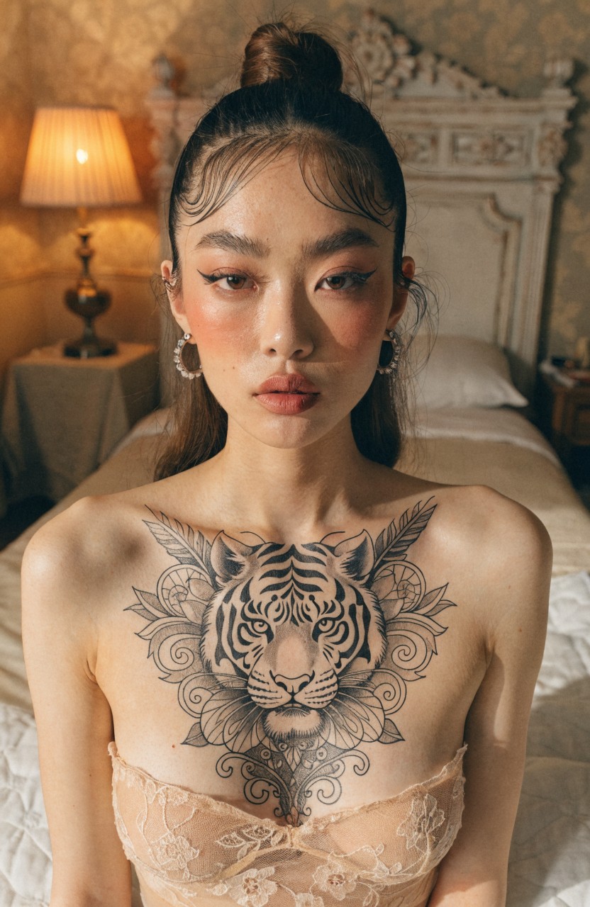 Intricate black linework tiger face with floral mandala tattoo across upper chest on woman with long hair