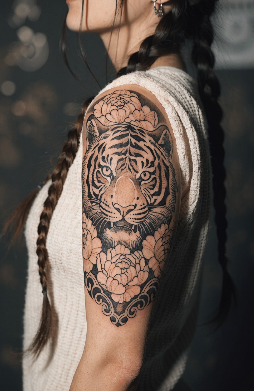 Woman's shoulder tattoo of a detailed black ink tiger head surrounded by blooming peonies with fine shading and linework