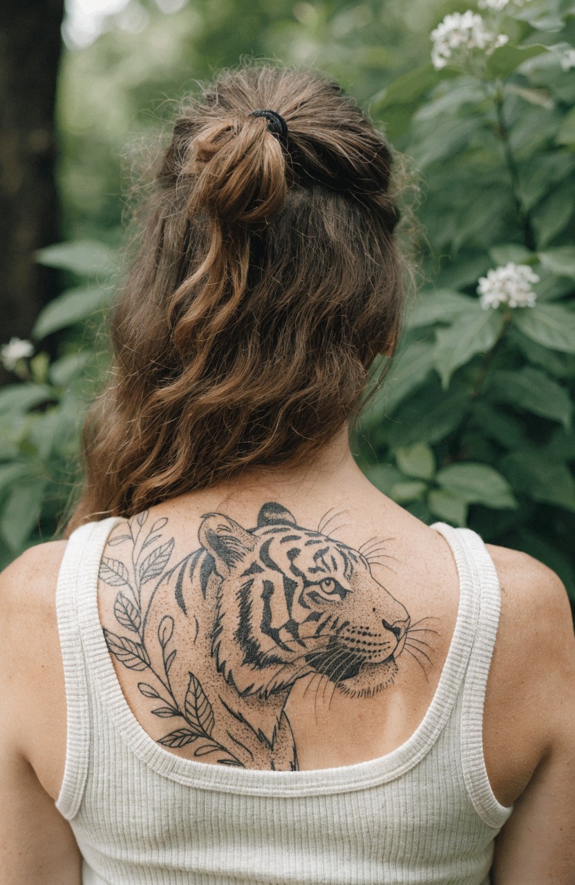 Black ink tiger head in profile tattooed on woman's upper back with surrounding leaves, shown from behind in outdoor green setting