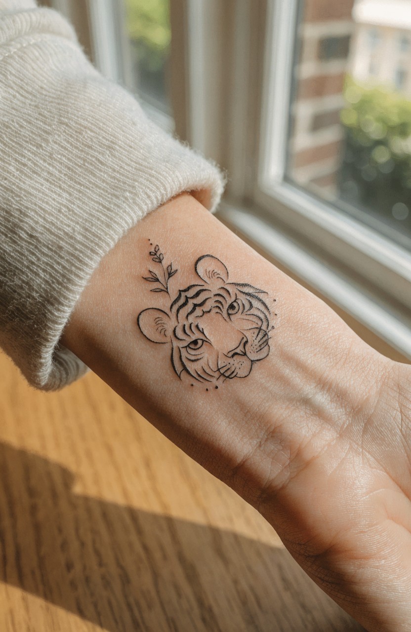 Minimalist linework tiger head tattoo with floral accents on inner wrist, sleeve pulled back, natural light